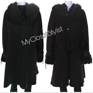 SHEARLING Hooded Winter Coat S Neiman Marcus Barcelona Spain dark rich purple